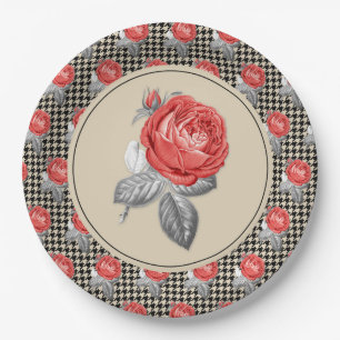 Vintage pink roses and houndstooth pattern paper plate