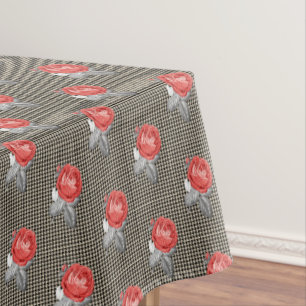 Vintage pink roses and houndstooth pattern tablecloth