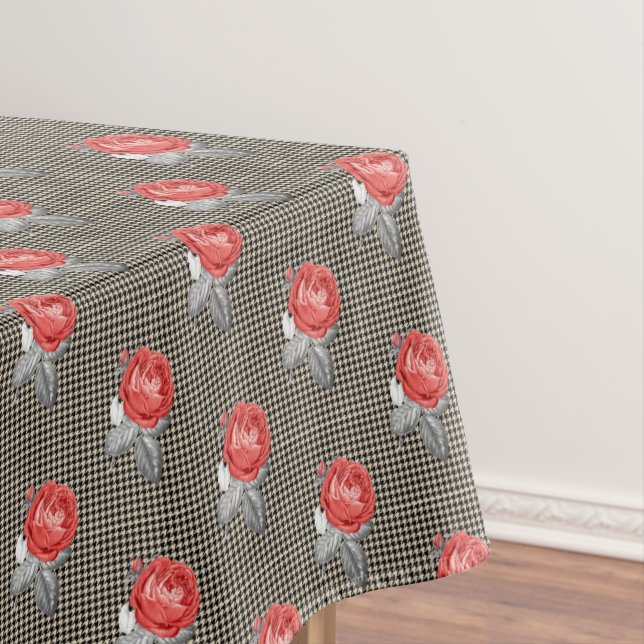 Vintage pink roses and houndstooth pattern tablecloth (In Situ)