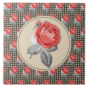 Vintage pink roses and houndstooth pattern tile