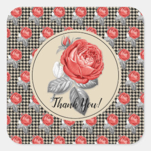 Vintage pink roses and houndstooth Thank You Square Sticker