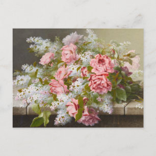 Vintage Pink Roses and White Lilacs Postcard