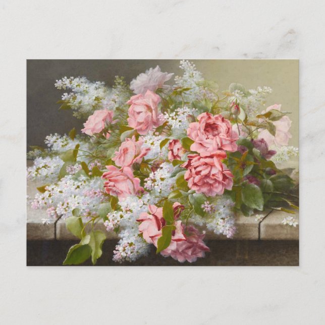 Vintage Pink Roses and White Lilacs Postcard (Front)