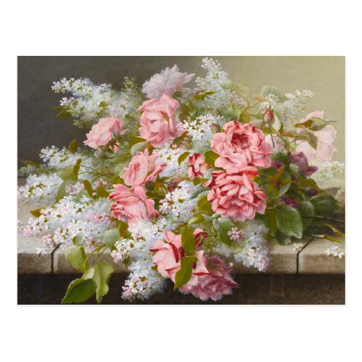 Vintage Pink Roses and White Lilacs Postcard