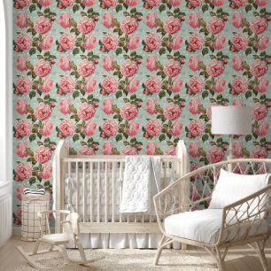 Vintage Pink Roses Baby Blue Background Wallpaper