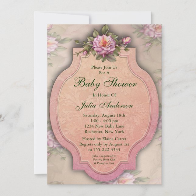 Vintage Pink Roses Baby Girl Shower Invitations (Front)
