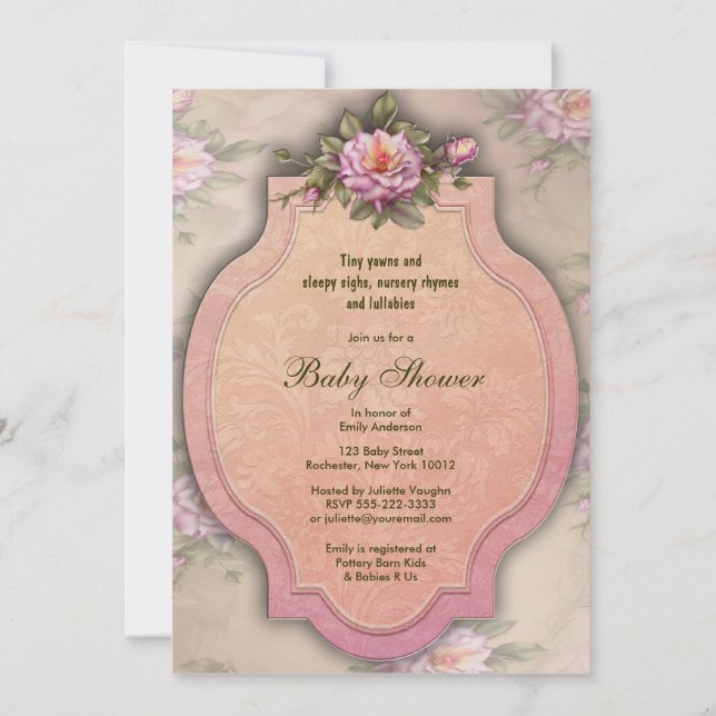 Vintage Pink Roses Baby Shower Invitations (Front)