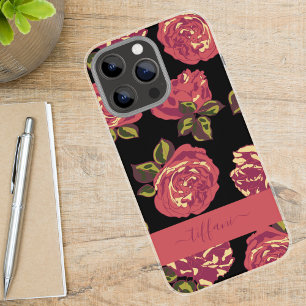Vintage Pink Roses Black Floral Pattern with Name iPhone 16 Pro Max Case