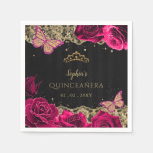 Vintage Pink Roses Black Gold Lace Quinceañera Napkin