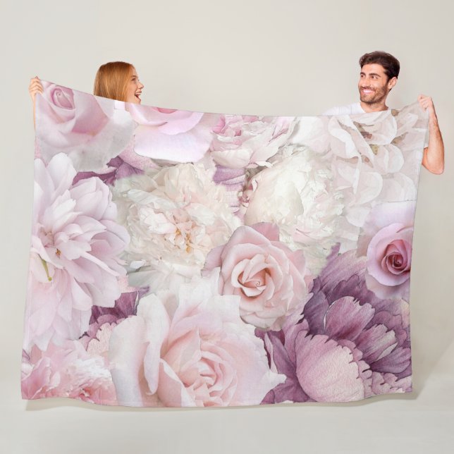 Vintage Pink Roses Botanical Garden Fleece Blanket (In Situ)