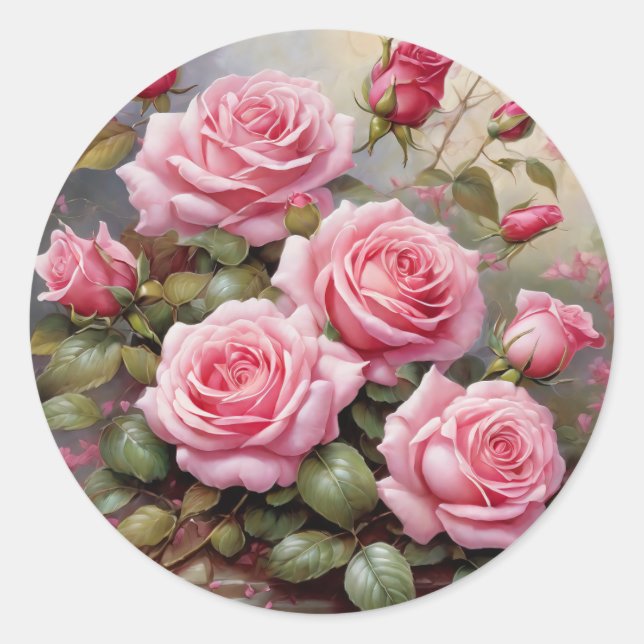 Vintage Pink Roses Classic Round Sticker (Front)