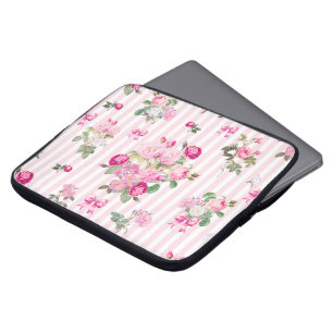 Vintage Pink Roses Coquette Bow Stripes Laptop Sleeve