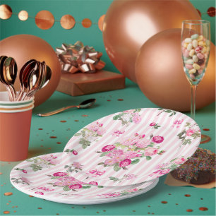 Vintage Pink Roses Coquette Bow  Stripes    Paper Plate