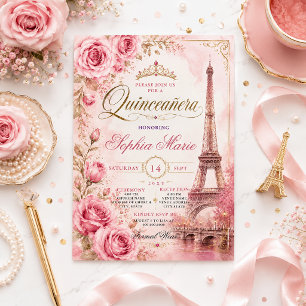 Vintage Pink Roses Eiffel Tower Quinceañera  Invitation