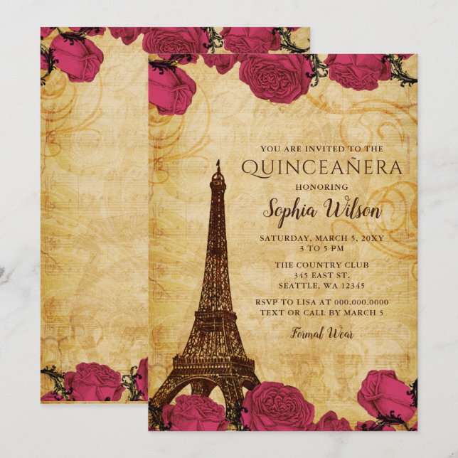 Vintage Pink Roses Eiffel Tower Quinceañera   Invitation (Front/Back)