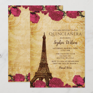 Vintage Pink Roses Eiffel Tower Quinceañera   Invitation
