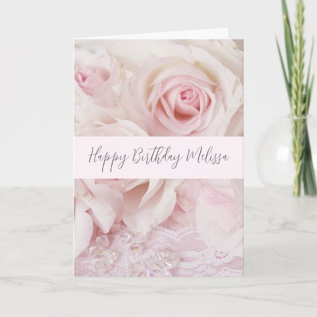 Vintage Pink Roses & Elegant Lace - Birthday Card (Front)