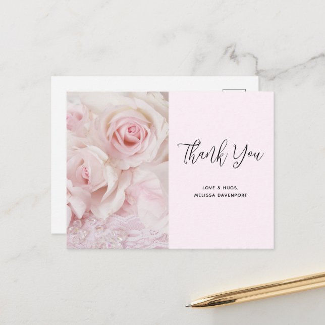 Vintage Pink Roses & Elegant Lace - Thank You Postcard (Front/Back In Situ)