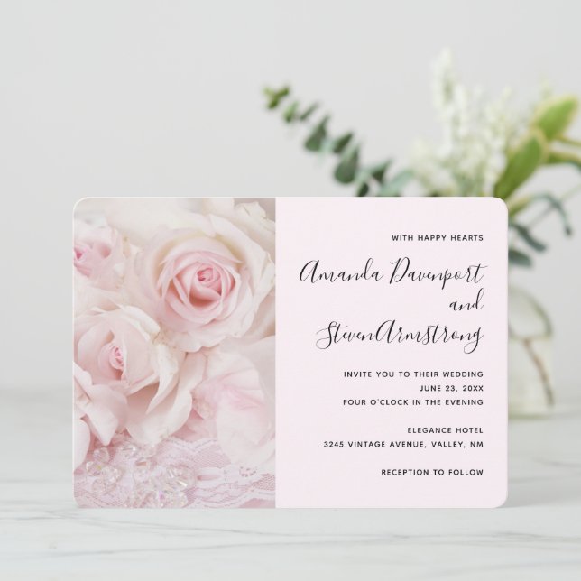 Vintage Pink Roses & Elegant Lace - Wedding Invitation (Standing Front)
