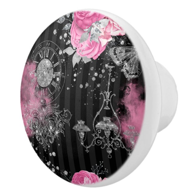 Vintage Pink Roses Elegant Silver Glitter Ceramic Knob (Right)