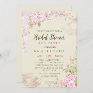 Vintage Pink Roses Floral Bridal Shower Tea Party Invitation