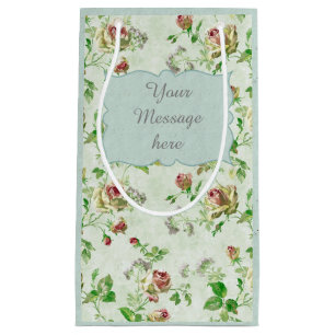 Vintage Pink Roses Floral Pattern Custom Text Small Gift Bag