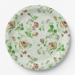 Vintage Pink Roses Floral Pattern Paper Plate