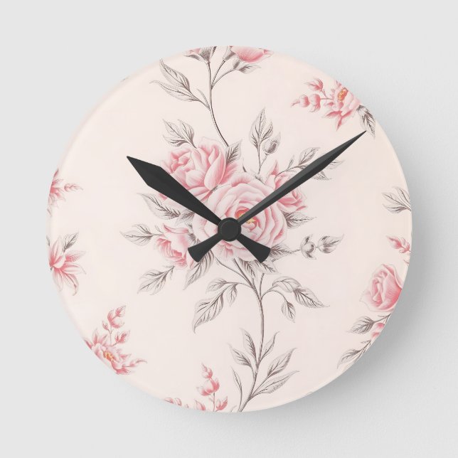 Vintage Pink Roses Floral Pattern Round Clock (Front)