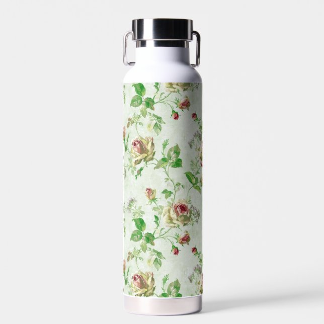 Vintage Pink Roses Floral Pattern Water Bottle (Front)