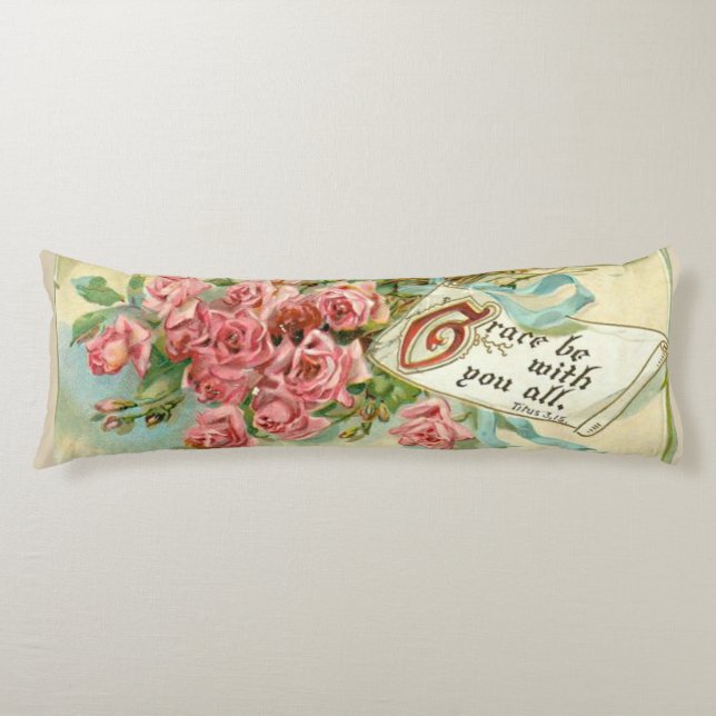 Vintage Pink Roses Flowers Scripture Verse Body Cushion (Front)