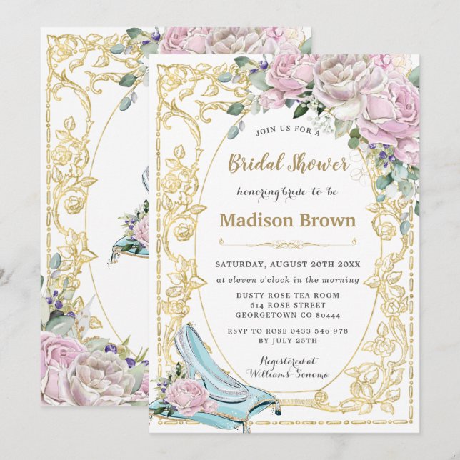 Vintage Pink Roses Gold Princess Bridal Shower Invitation (Front/Back)