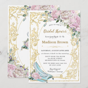 Vintage Pink Roses Gold Princess Bridal Shower Invitation