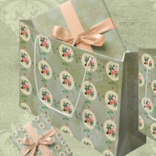 Vintage Pink Roses Green Faded Damask  Large Gift Bag
