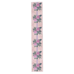 Vintage Pink Roses Lavender Ribbons Faded Damask  Long Table Runner