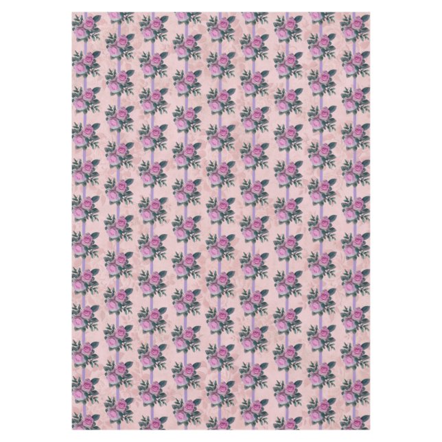 Vintage Pink Roses Lavender Ribbons Faded Damask  Tablecloth (Front)