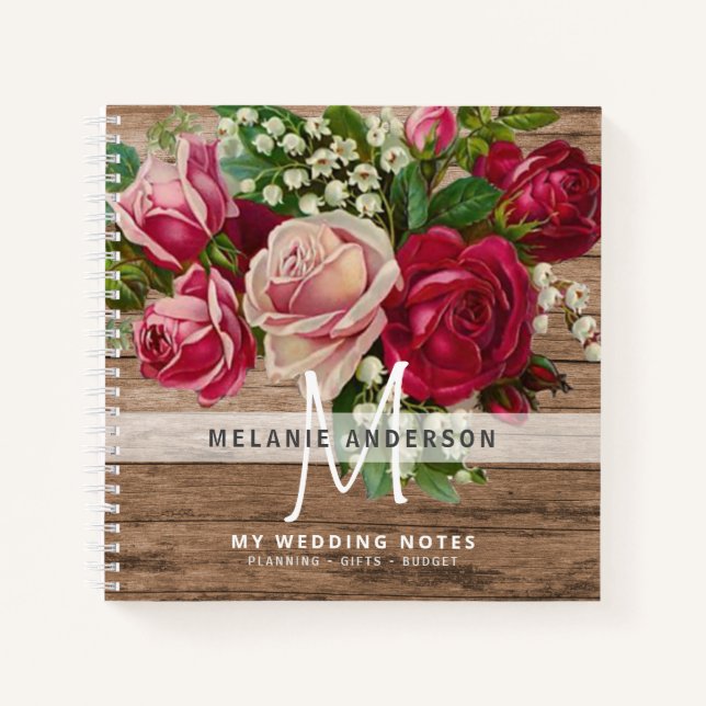 Vintage Pink Roses Monogram Wedding Planning Bride Notebook (Front)