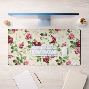 Vintage pink roses name floral victorian desk mat