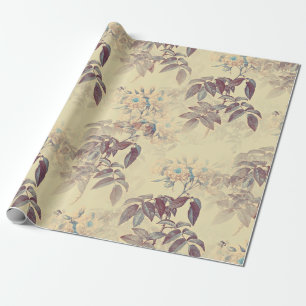 VINTAGE PINK ROSES ON ANTIQUE YELLOW WRAPPING PAPER