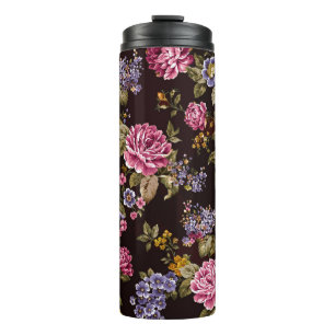 Vintage Pink Roses on Black Thermal Tumbler