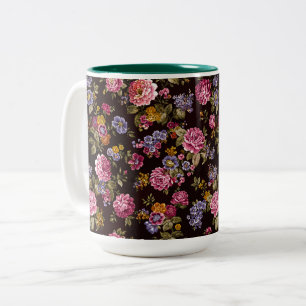 Vintage Pink Roses on Black Two-Tone Coffee Mug