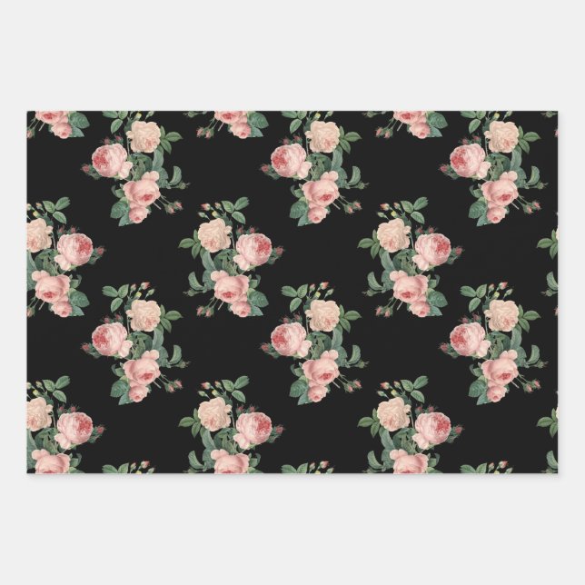 Vintage Pink Roses on Black Wrapping Paper Sheet (Front)