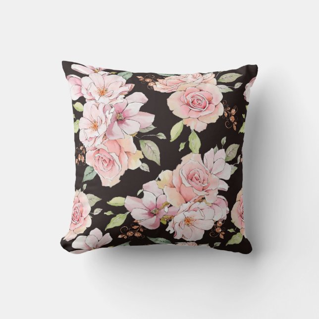 Vintage pink Roses on dark-brown Cushion (Front)