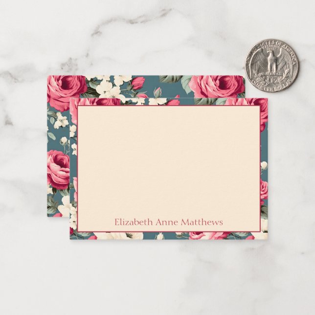 Vintage Pink Roses on Deep Blue Card (Front/Back In Situ)
