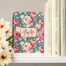 Vintage Pink Roses on Deep Blue Monogram