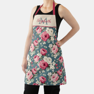Vintage Pink Roses on Deep Blue Monogram Apron