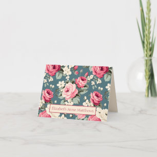 Vintage Pink Roses on Deep Blue Note Card