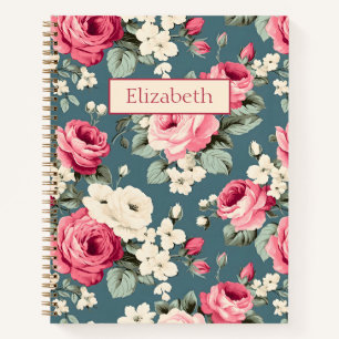 Vintage Pink Roses on Deep Blue Notebook