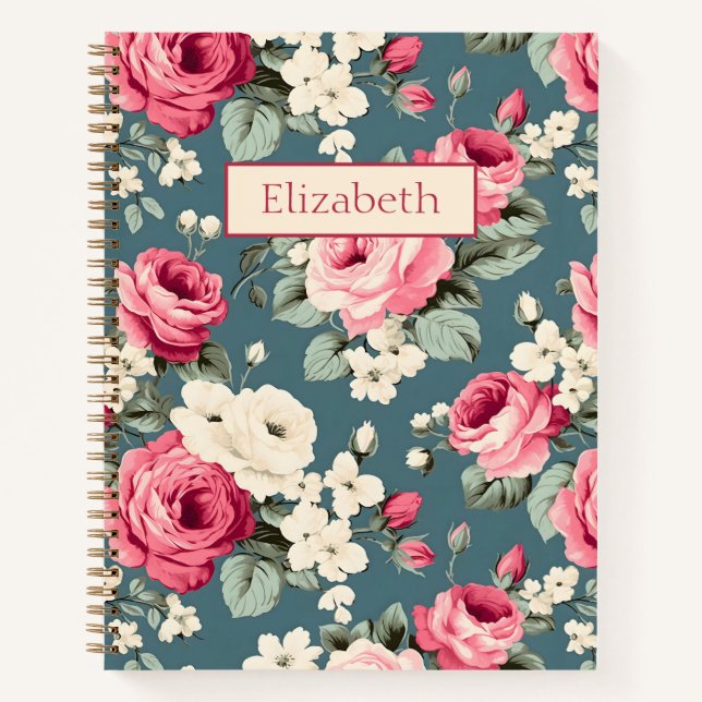 Vintage Pink Roses on Deep Blue Notebook (Front)