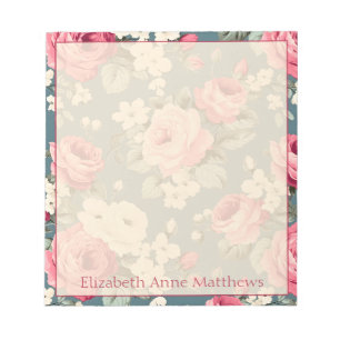 Vintage Pink Roses on Deep Blue Notepad