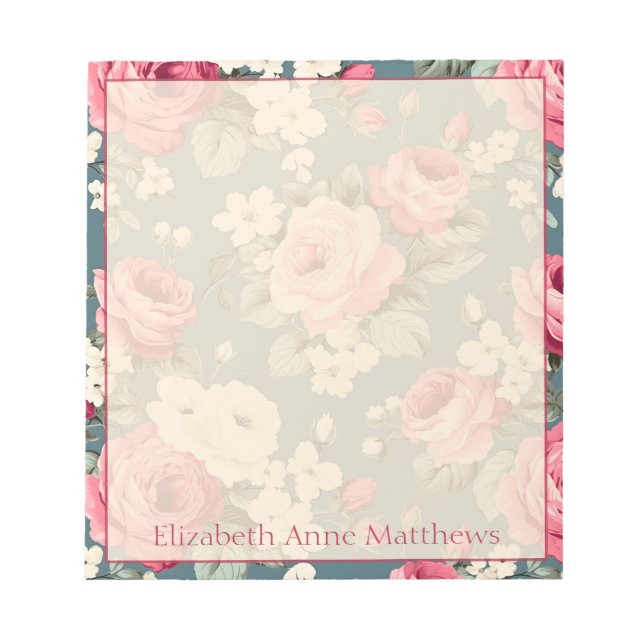 Vintage Pink Roses on Deep Blue Notepad (Front)